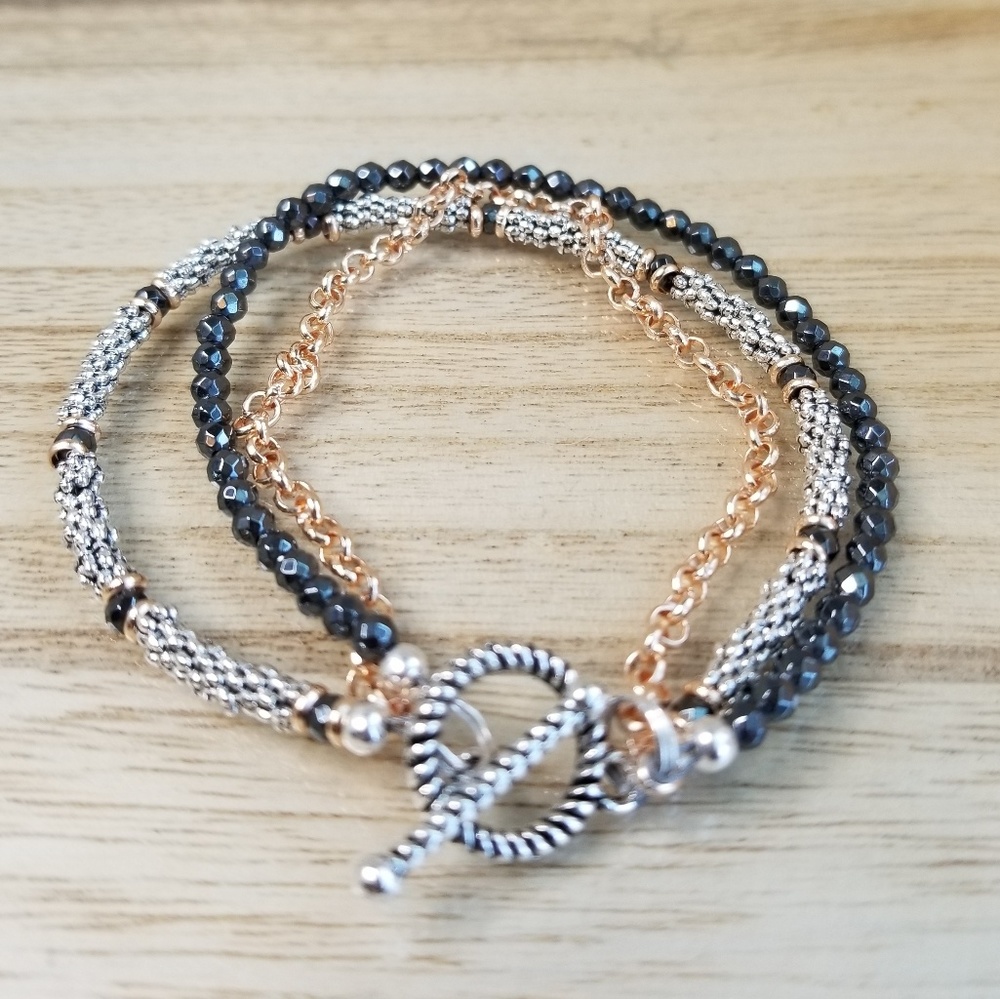 Three Row Beaded Hematite Bracelet on Toggle - Picture 5 of 8